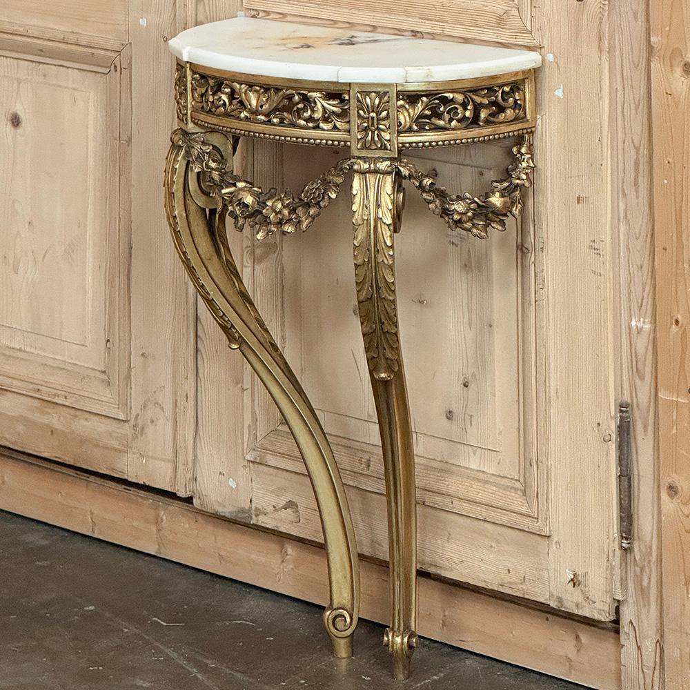 Hand-Carved Antique French Louis XVI Giltwood Demilune Marble Top Console For Sale