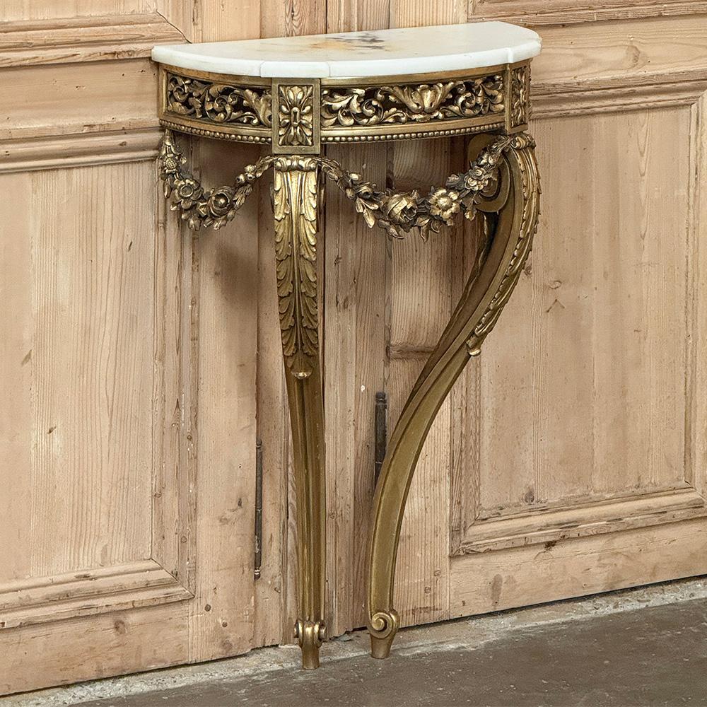 Antique French Louis XVI Giltwood Demilune Marble Top Console In Good Condition For Sale In Dallas, TX
