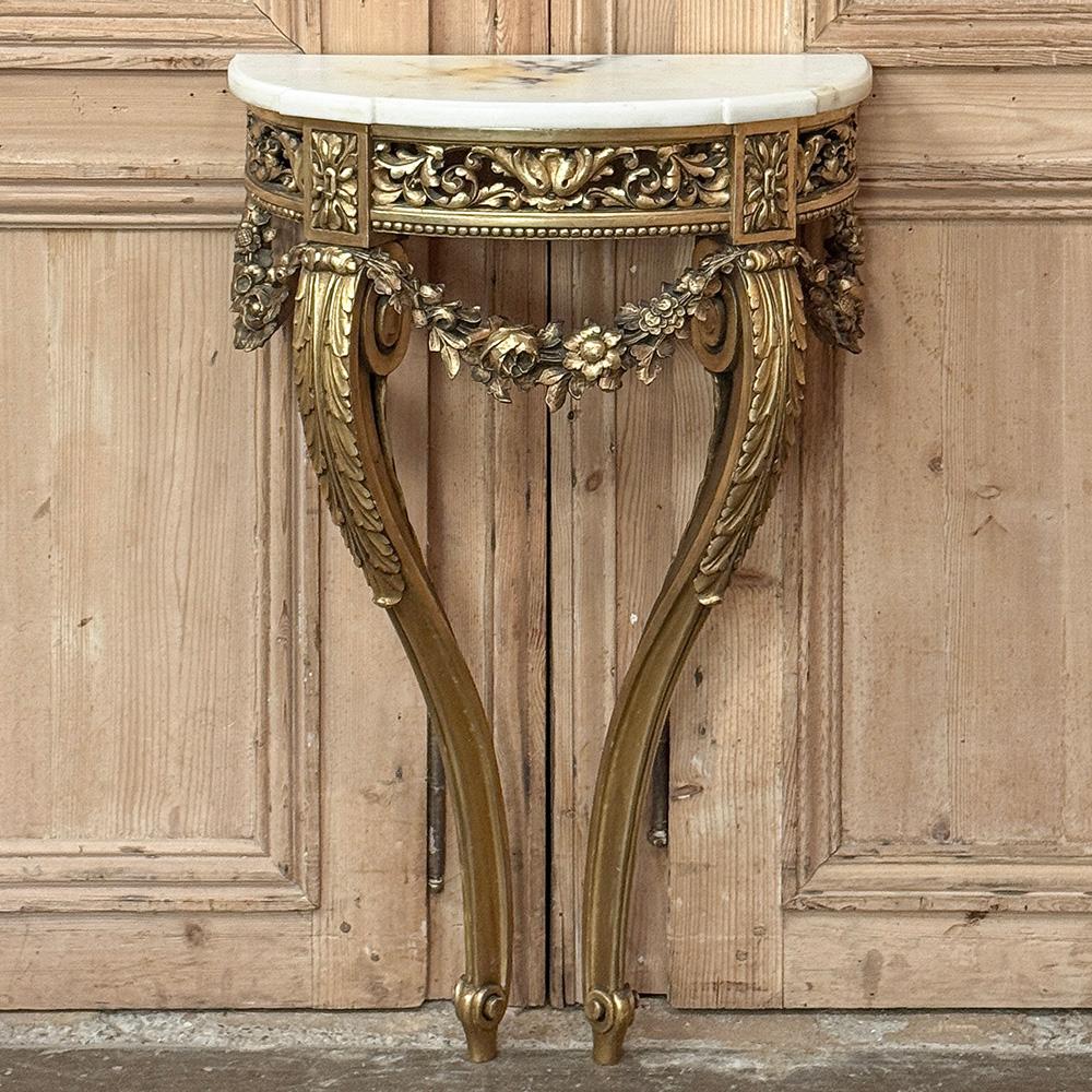 20th Century Antique French Louis XVI Giltwood Demilune Marble Top Console For Sale