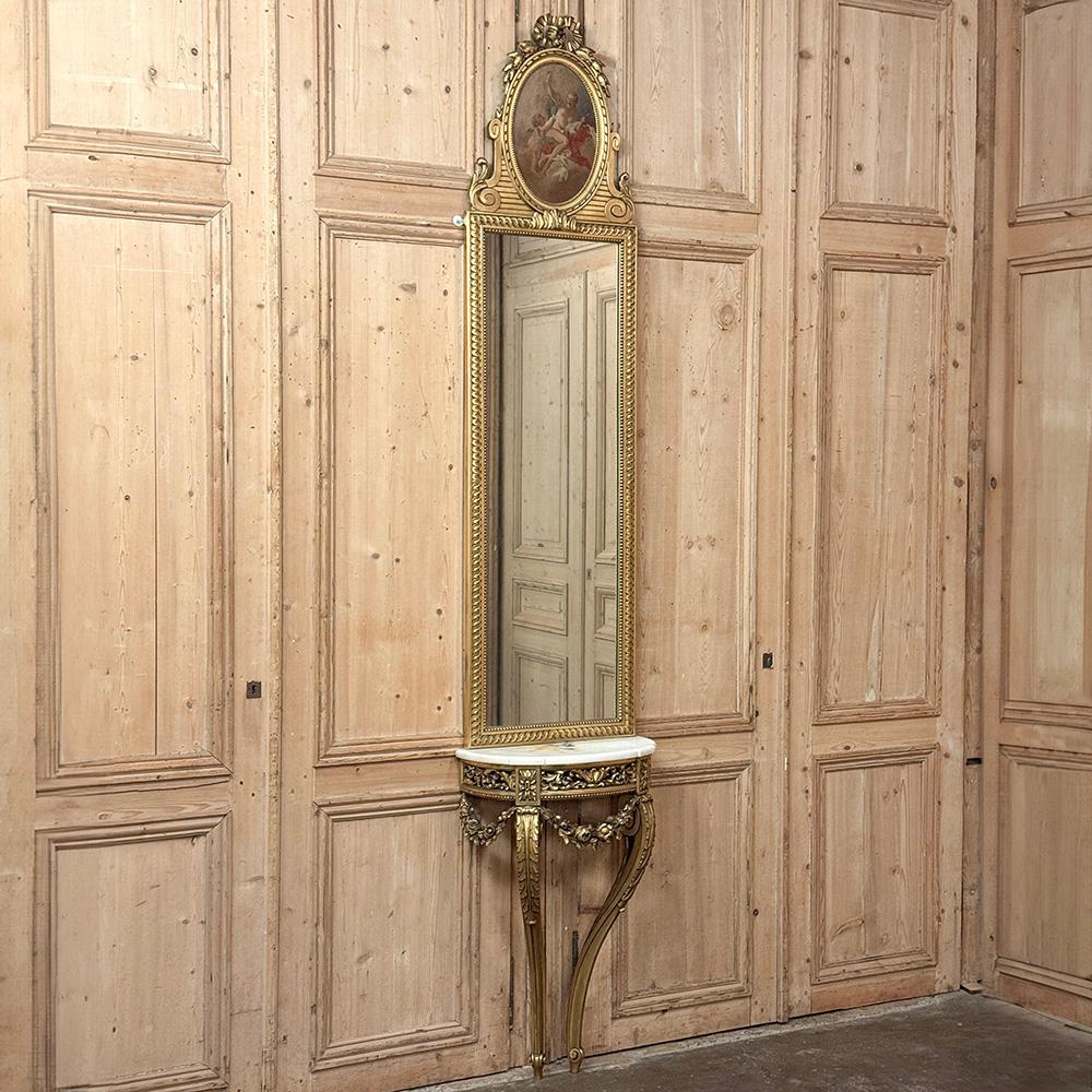 Antique French Louis XVI Giltwood Demilune Marble Top Console is the perfect choice for the classic decor!  The demilune form is not only visually attractive, it presents no sharp corners into the traffic flow of the room, and with the shallow