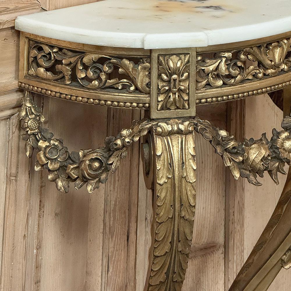 Antique French Louis XVI Giltwood Demilune Marble Top Console For Sale 1