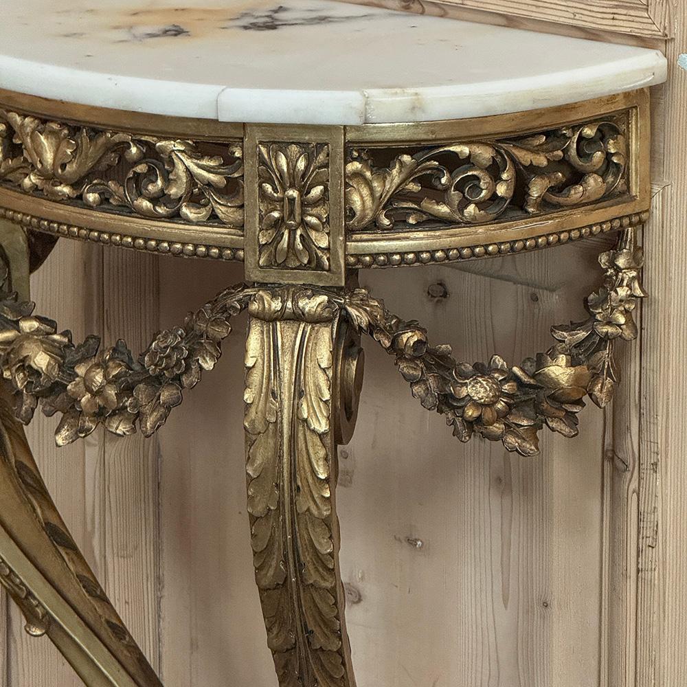 Antique French Louis XVI Giltwood Demilune Marble Top Console For Sale 7