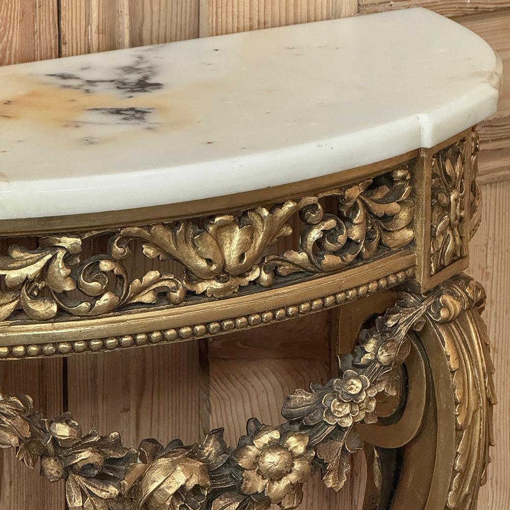 Antique French Louis XVI Giltwood Demilune Marble Top Console For Sale 4
