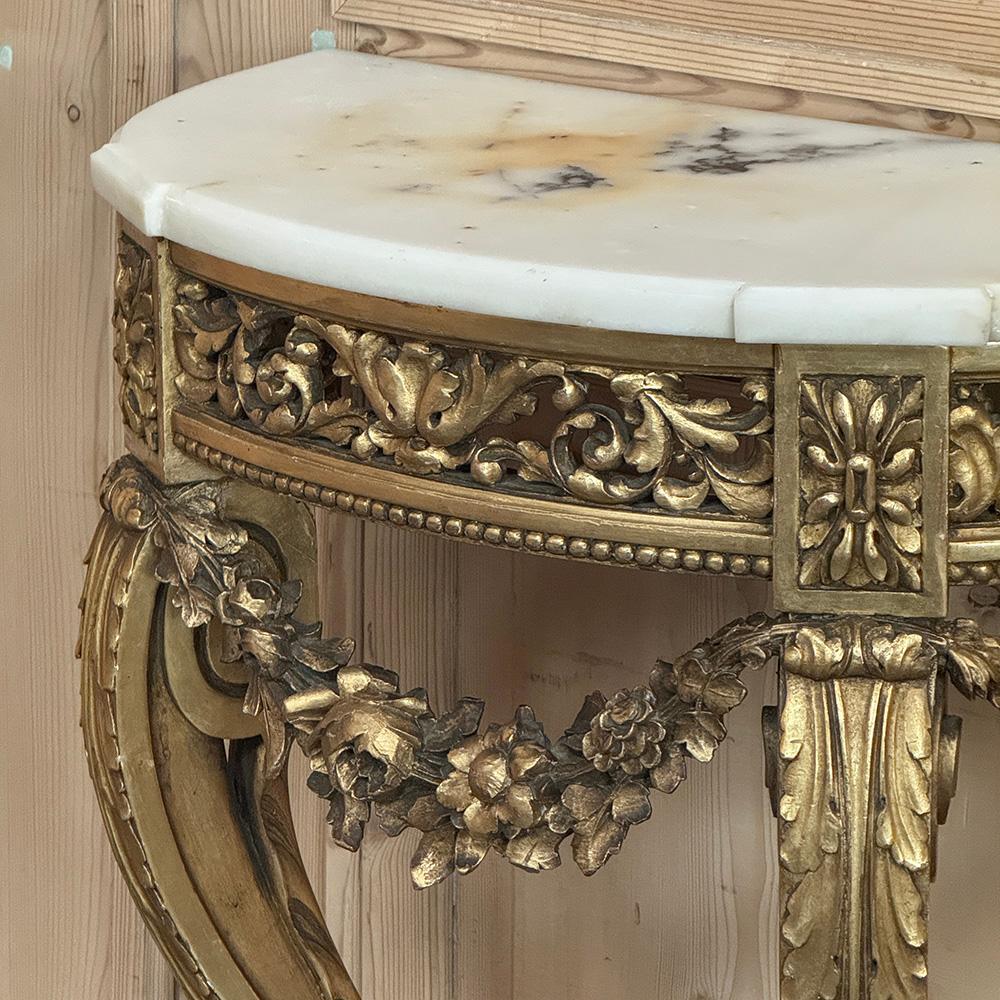 Antique French Louis XVI Giltwood Demilune Marble Top Console For Sale 8