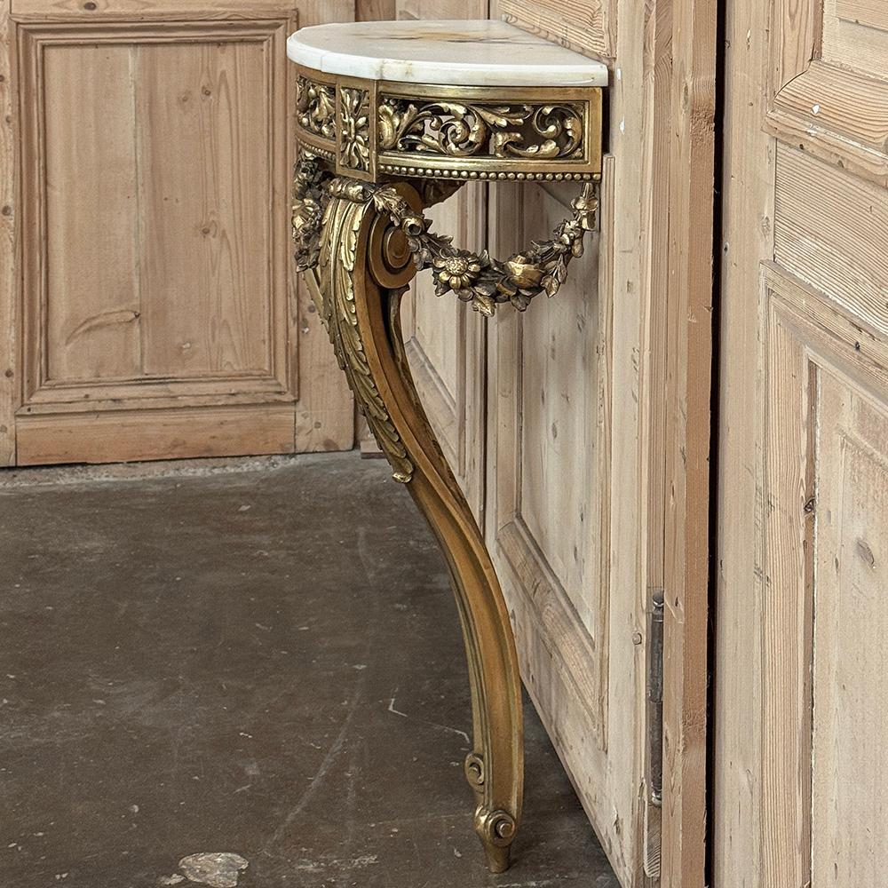 Antique French Louis XVI Giltwood Demilune Marble Top Console For Sale 11
