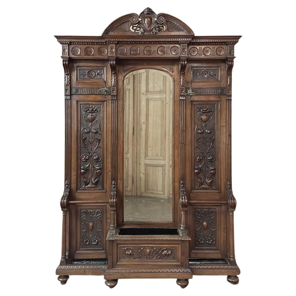 19th Century Grand Italian Hand-Carved Walnut Hall Tree ~ Coat Rack For Sale