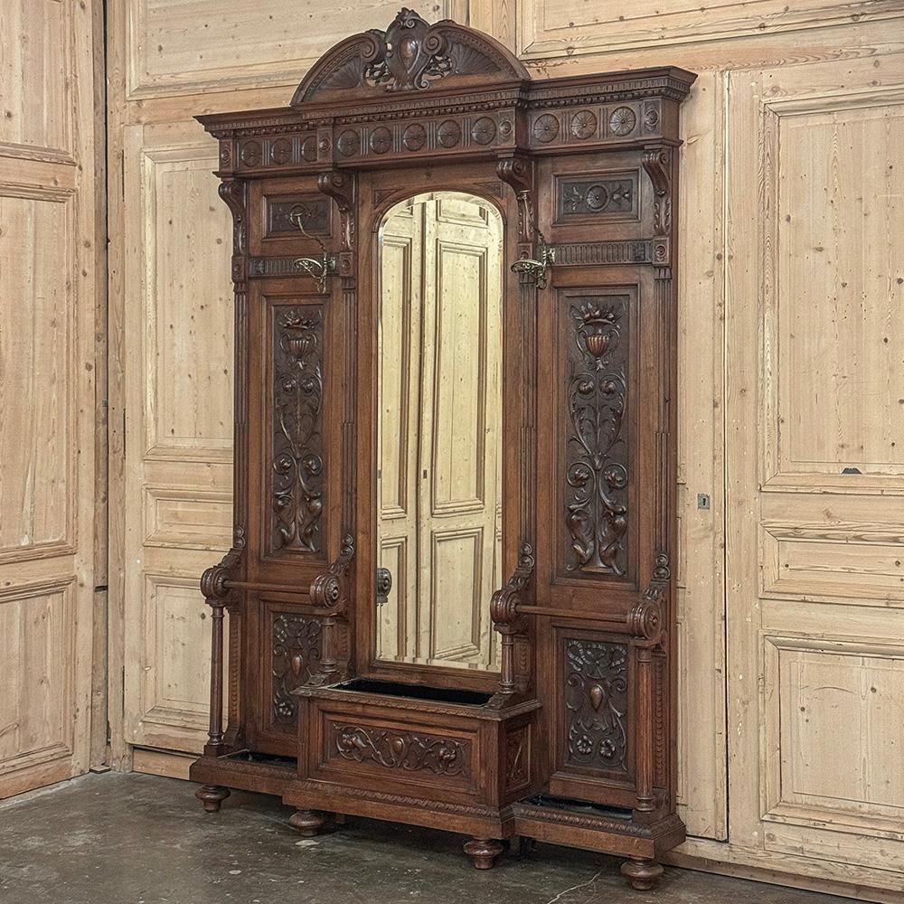 Beveled 19th Century Grand Italian Hand-Carved Walnut Hall Tree ~ Coat Rack For Sale