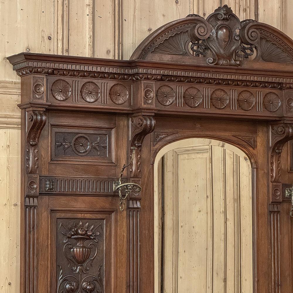 Brass 19th Century Grand Italian Hand-Carved Walnut Hall Tree ~ Coat Rack For Sale