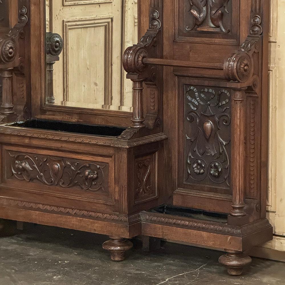 19th Century Grand Italian Hand-Carved Walnut Hall Tree ~ Coat Rack For Sale 6