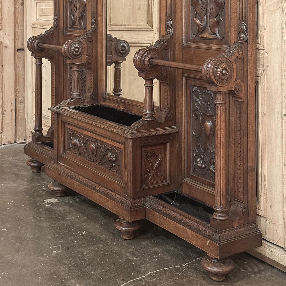 19th Century Grand Italian Hand-Carved Walnut Hall Tree ~ Coat Rack For Sale 12