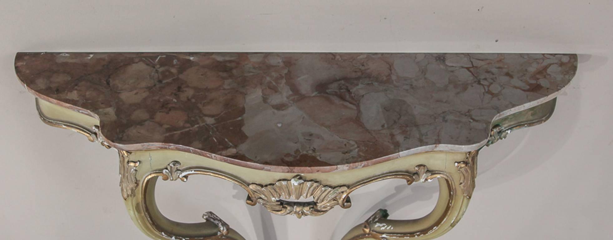 Hardwood Antique Italian Rococo Hand Painted Faux Marble Console and Mirror, Ca 1910