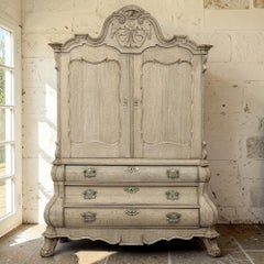 18th Century Dutch Baroque Stripped Oak Linen Press