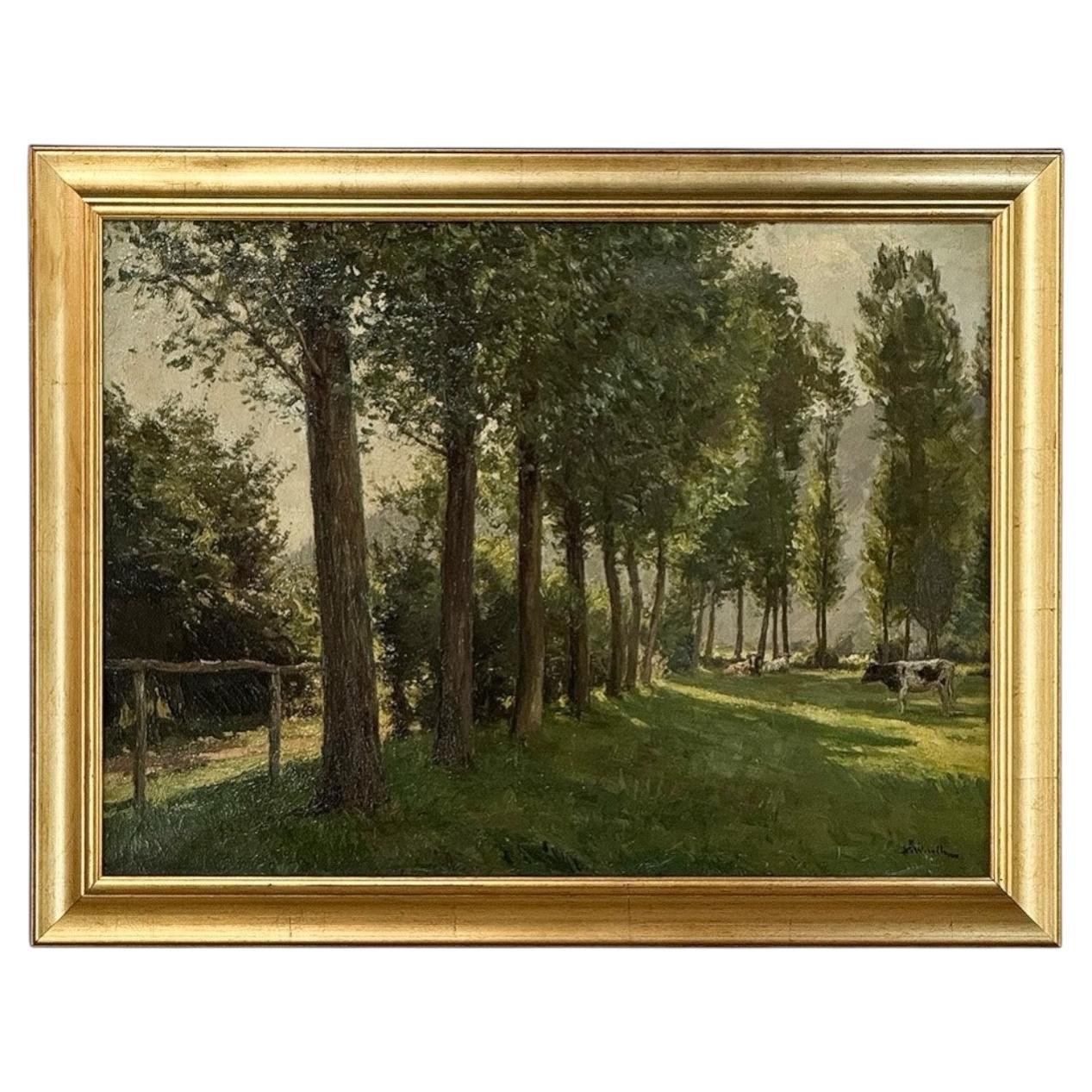Dipinto antico a olio su tela “Mucche al pascolo” di Xavier Wurth (1869-1933)
