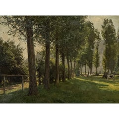 Antique Oil on Canvas Painting “Cows Grazing” by Xavier Wurth (1869-1933)