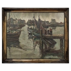 Antique Framed Oil Painting by A. Sengier (1886-1964) 'Sailboats at the Quay'