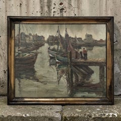 Antique Framed Oil Painting by A. Sengier (1886-1964) 'Sailboats at the Quay'
