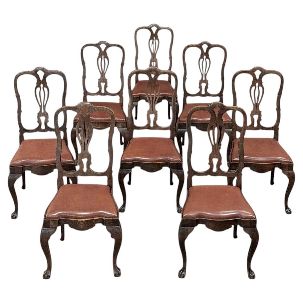 Set of Eight Antique Oak Chippendale Dining Chairs with Leather For Sale