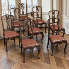 Set of Eight Antique Oak Chippendale Dining Chairs with Leather