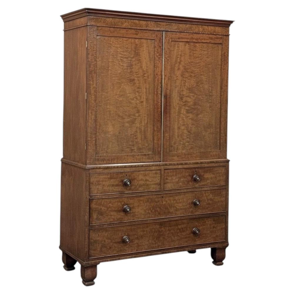 19th Century English Figured Walnut Linen Press ~ Wardrobe For Sale