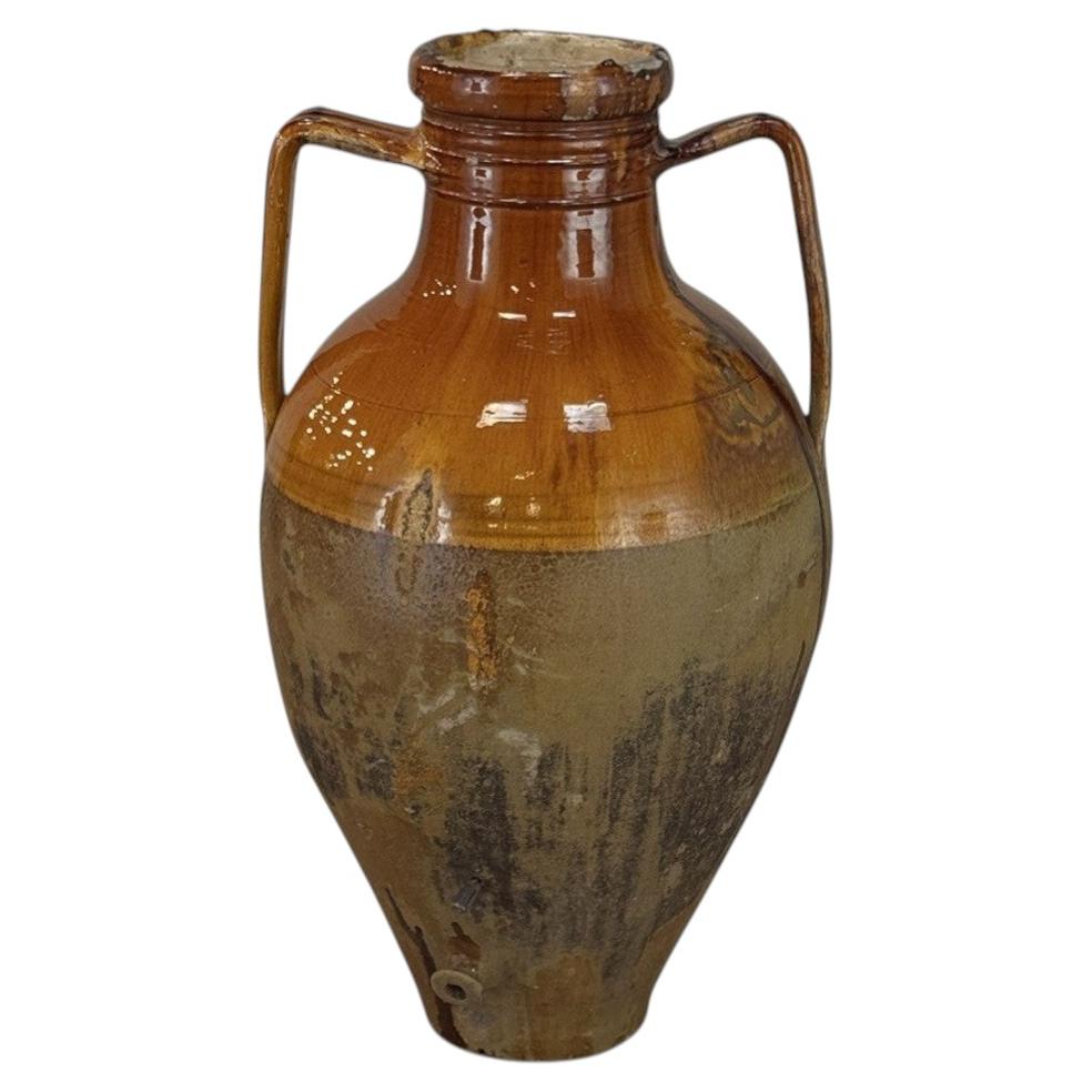 Antique Italian Glazed Terracotta Olive Oil Jar with Spout For Sale