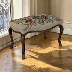 Antique Louis XV Walnut Footstool with Floral Needlepoint Upholstery