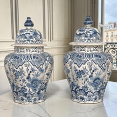 Pair of 19th Century Hand Painted Dutch Blue & White Delft Covered Vases ~ Urns