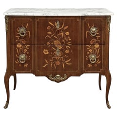 Antique French Louis XVI Style Marquetry Marble Top Commode