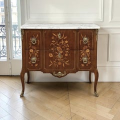 Antique French Louis XVI Style Marquetry Marble Top Commode