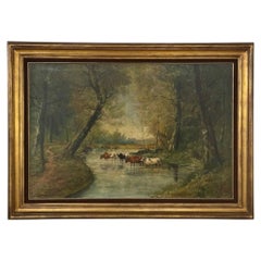 Dipinto a olio su tela incorniciato di J. Vanlint, “Paesaggio con mucche”