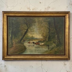 Dipinto a olio su tela incorniciato di J. Vanlint, “Paesaggio con mucche”