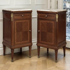 Pair of Antique French Louis XVI Marquetry Marble Top Nightstands ~ End Tables