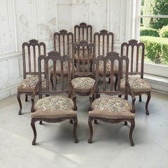 Set of 8 Antique Liègeois Dining Chairs with Needlepoint Tapestry & 2 Armchairs