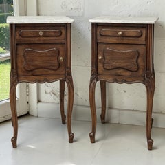 Pair of Antique French Louis XV Oak Nightstands with Carrara Marble Tops