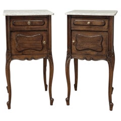 Pair of Antique French Louis XV Oak Nightstands with Carrara Marble Tops