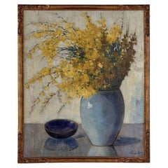 Framed Oil Painting on Canvas by Clemence Biron Dated 1925 'Forsythia'