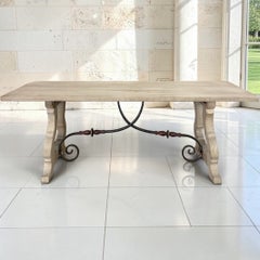 Vintage Spanish Dining Table with Wrought Iron in Solid Stripped Oak
