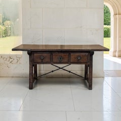 Rare 17th Century Rustic Spanish Walnut Coffee Table with Wrought Iron