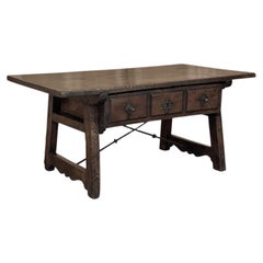 Rare 17th Century Rustic Spanish Walnut Coffee Table with Wrought Iron