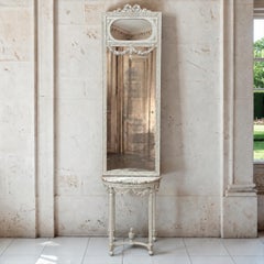 Antique Italian Louis XVI Painted Marble Top Demilune Console ~ Trumeau Mirror