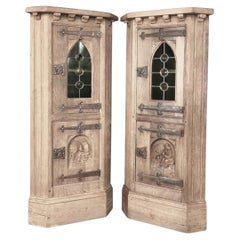 Pair Rustic Gothic Revival Oak Corner Wine Cabinets ~ Vitrines