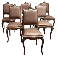 Set of 6 Antique Country French Louis XVI Dining Chairs with Leather