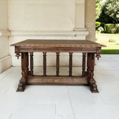 Bureau de partenaire du XIXe siècle, de style Napoléon III, en noyer, avec revêtement en simili-cuir