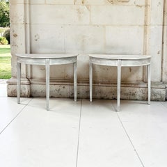 Pair of 19th Century French Directoire Whitewashed Oak Demi Lune Consoles