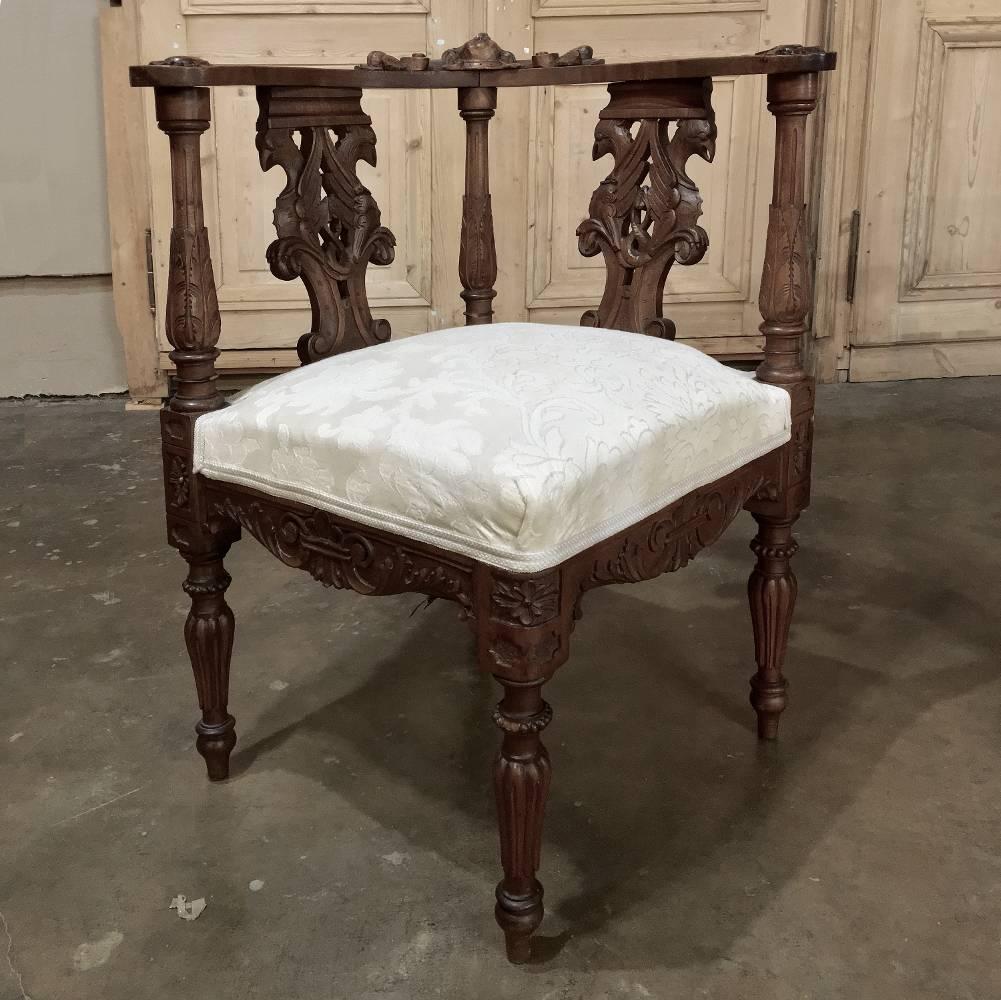 Chenille 2 -19th Century Italian Renaissance Hand-Carved Walnut Upholstered Corner Chairs