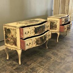 Pair of Antique Venetian Serpentine Hand-Painted Commodes with 10 Artworks
