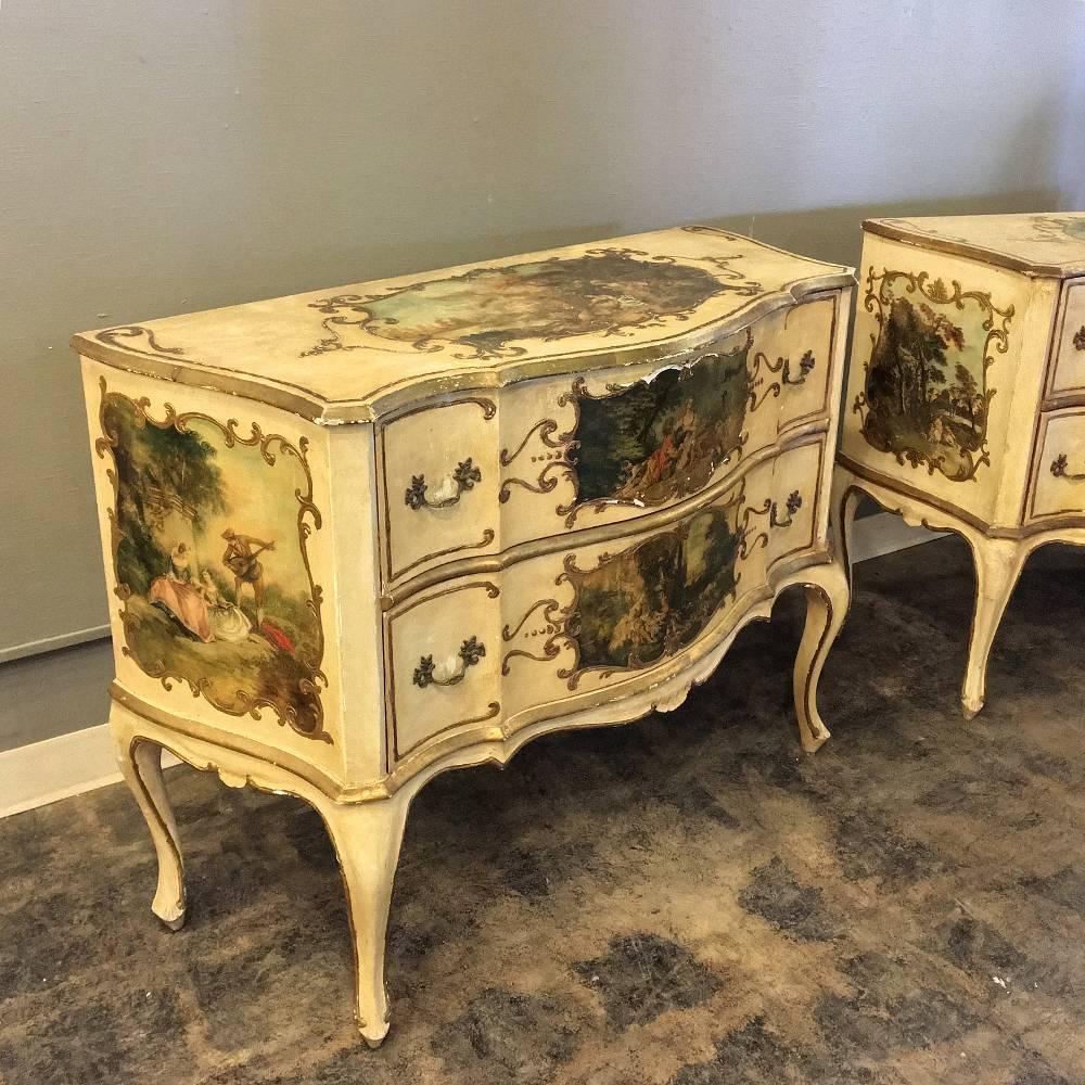 Rococo Pair of Antique Venetian Serpentine Hand-Painted Commodes with 10 Artworks