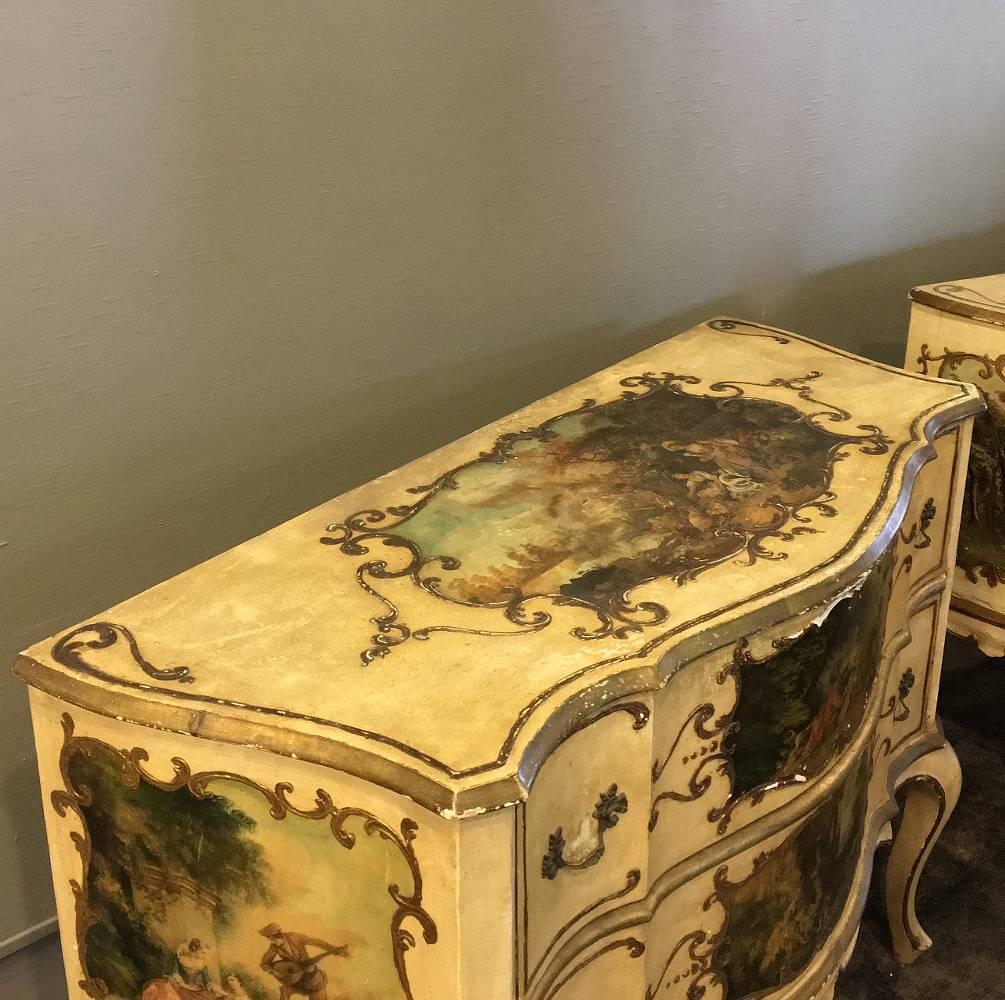 Italian Pair of Antique Venetian Serpentine Hand-Painted Commodes with 10 Artworks