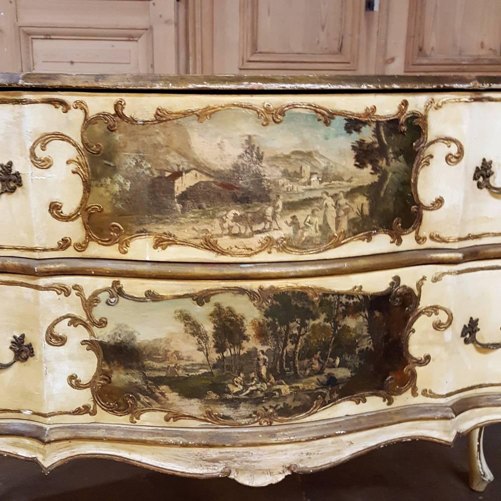 Early 20th Century Pair of Antique Venetian Serpentine Hand-Painted Commodes with 10 Artworks