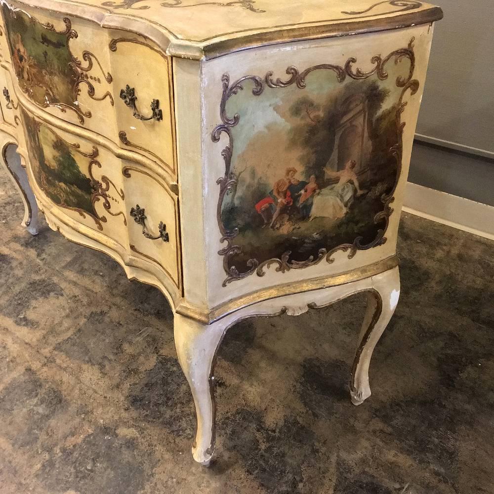 Pair of Antique Venetian Serpentine Hand-Painted Commodes with 10 Artworks 1