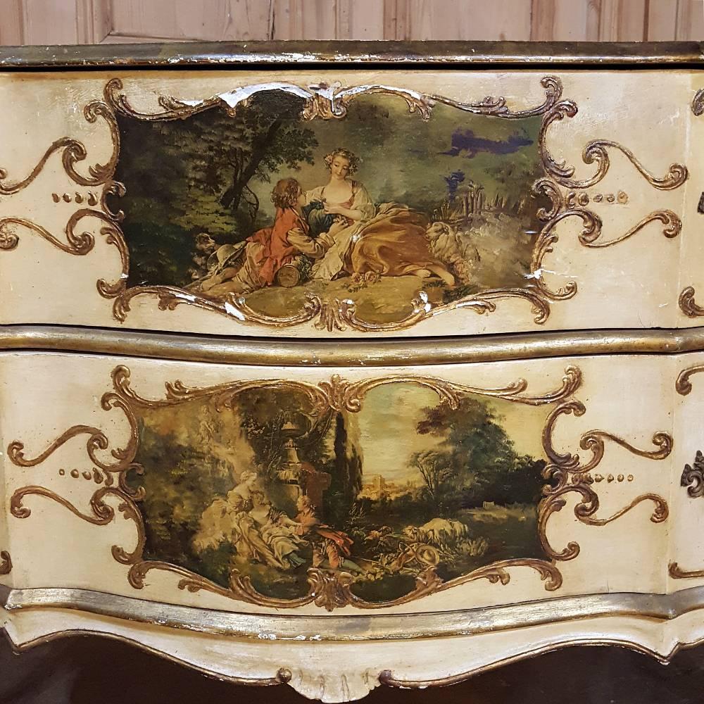 Pair of Antique Venetian Serpentine Hand-Painted Commodes with 10 Artworks 2